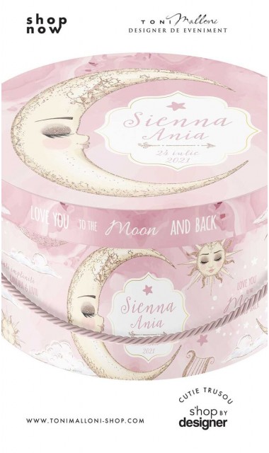 Cutie trusou roz pentru botez rotunda cu semiluna To the Moon and back 1